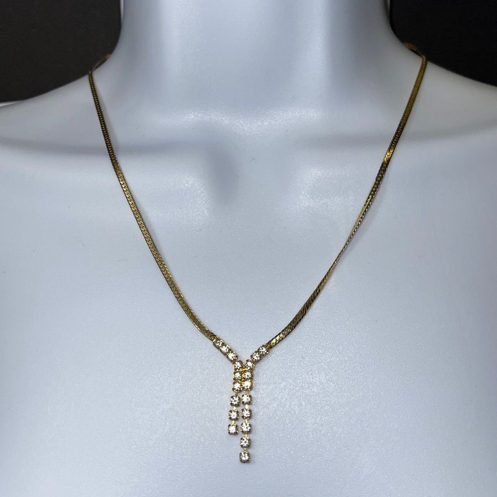 Rhinestones Y Pendant Link Herringbone Necklace Art Deco